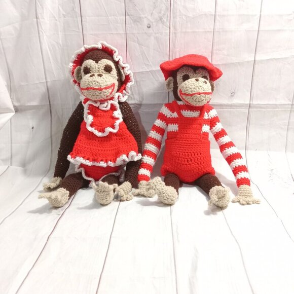 Vintage Large Hand Crochet Pair of Monkeys Crotchet Stuffed Plush - Picture 1 of 8